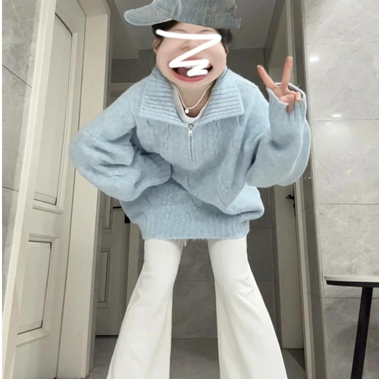 韩系慵懒风蓝色奶fufu毛衣女秋冬2025新款宽松加厚针织衫上衣秋季