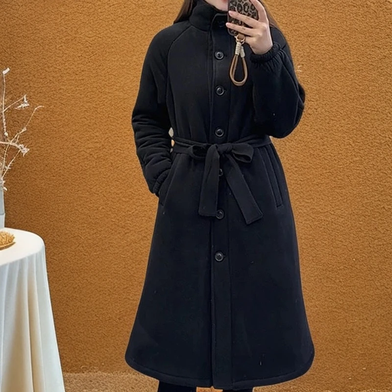 XH三层加绒加厚长款家居服2024冬季时尚气质腰带女士中长款家居服