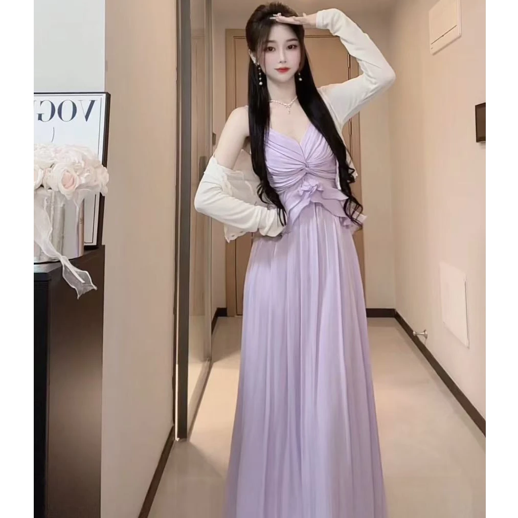 法式绝美吊带裙收腰显瘦海边度假连衣裙防晒开衫两件套