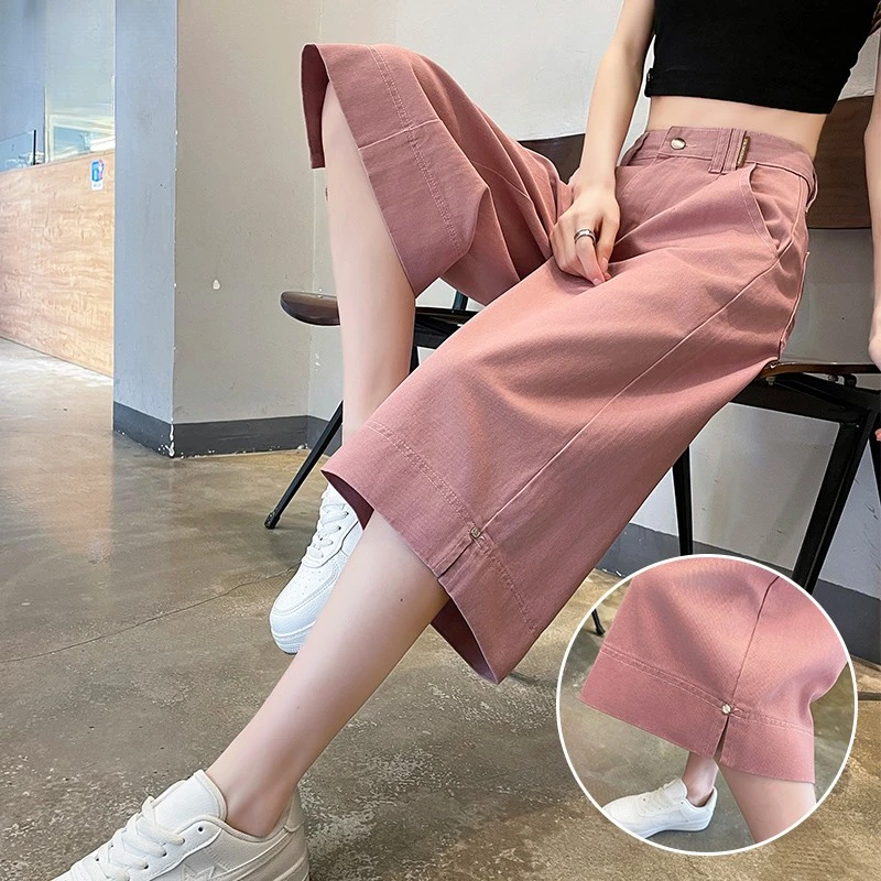 粉色六分阔腿牛仔短裤女夏季薄高腰显瘦直筒中裤开叉宽松过膝