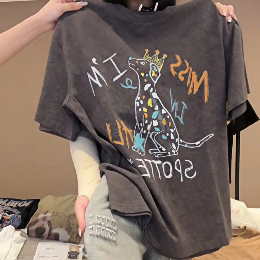 【皇冠小狗】复古休闲简约小狗印花字母圆领T恤女2025夏季短袖上衣