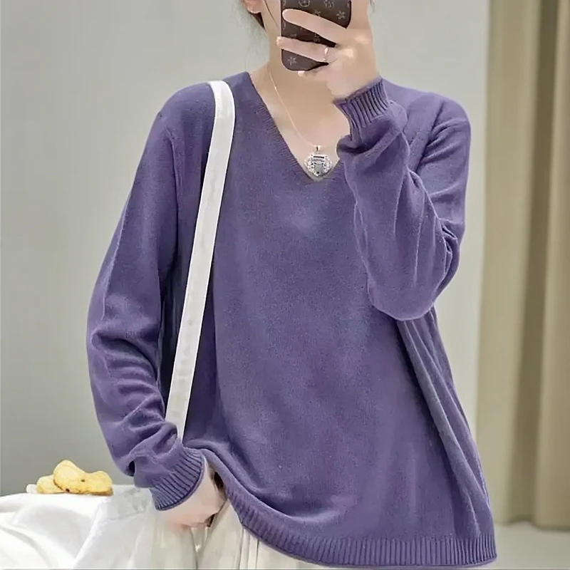 （老刘家针织大码V领长袖）7102百搭 遮肉 显瘦 宽松 桂花针 妈妈装