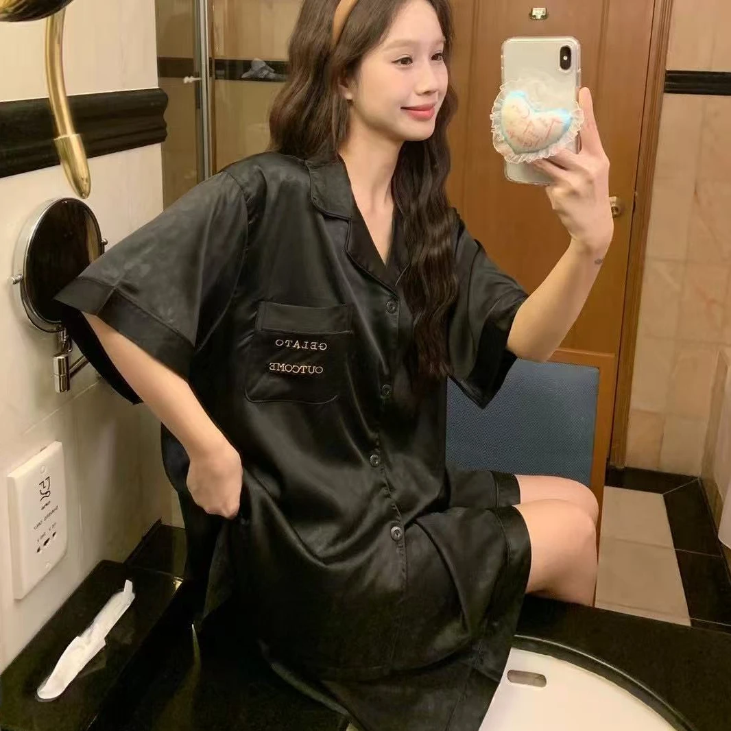 夏季薄款冰丝短袖短裤睡衣家居服套装网红翻领韩版情侣休闲大码宽