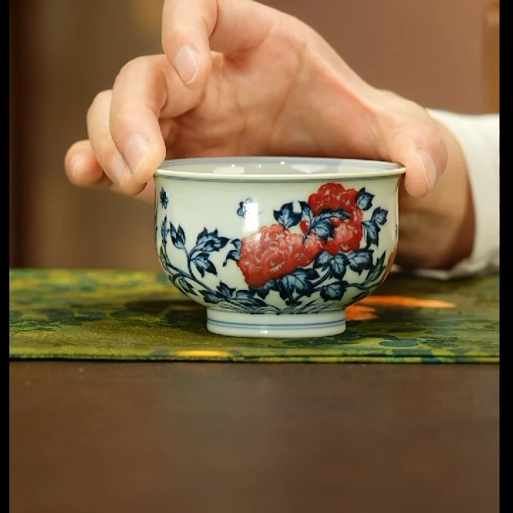 【小乔赏瓷】s景德镇手工手绘青花釉里红花卉炉式杯stf29.