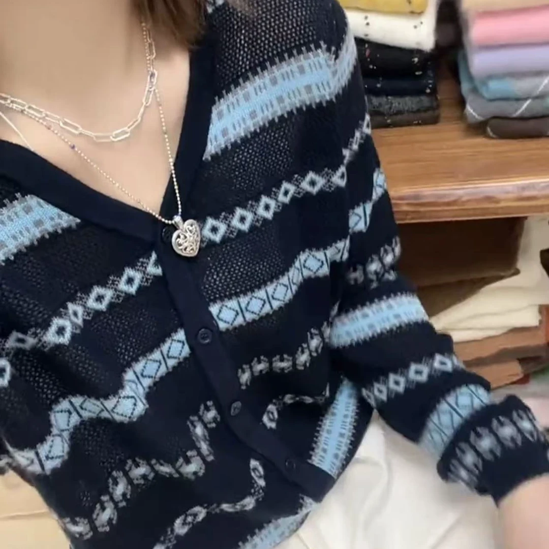 【藏青凌纹漫想】针织上衣藏青条纹长款慵懒风高级法式外搭564