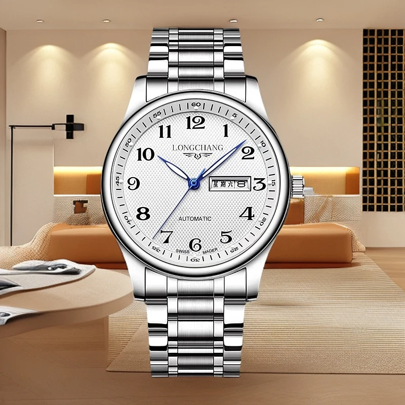 LONGCHANG正品经典白面实芯钢带男士手表双日历防水时尚潮流腕表