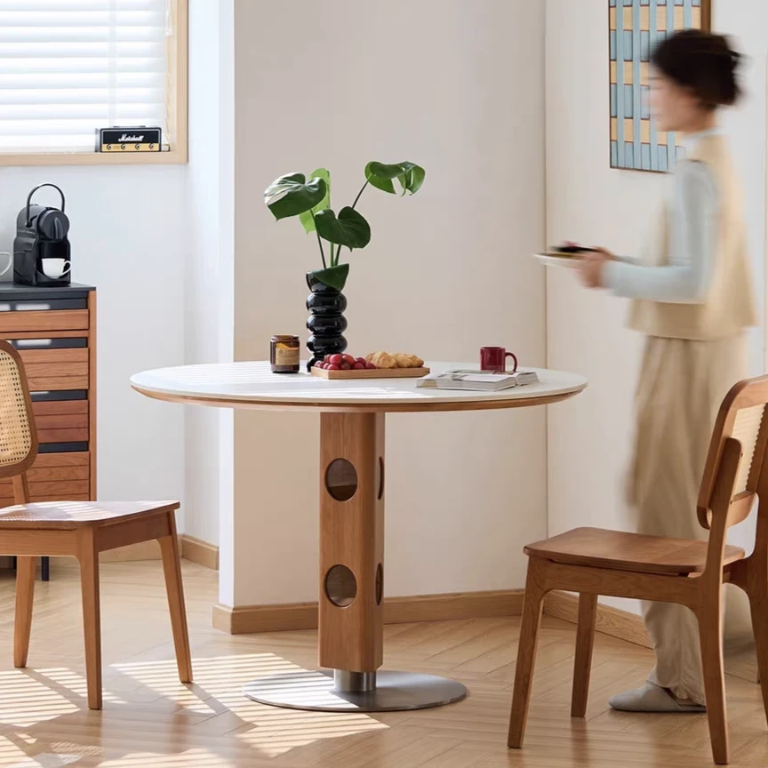 樱桃木时光餐桌实木餐桌中古圆桌家用复古圆形饭桌岩板桌子创意