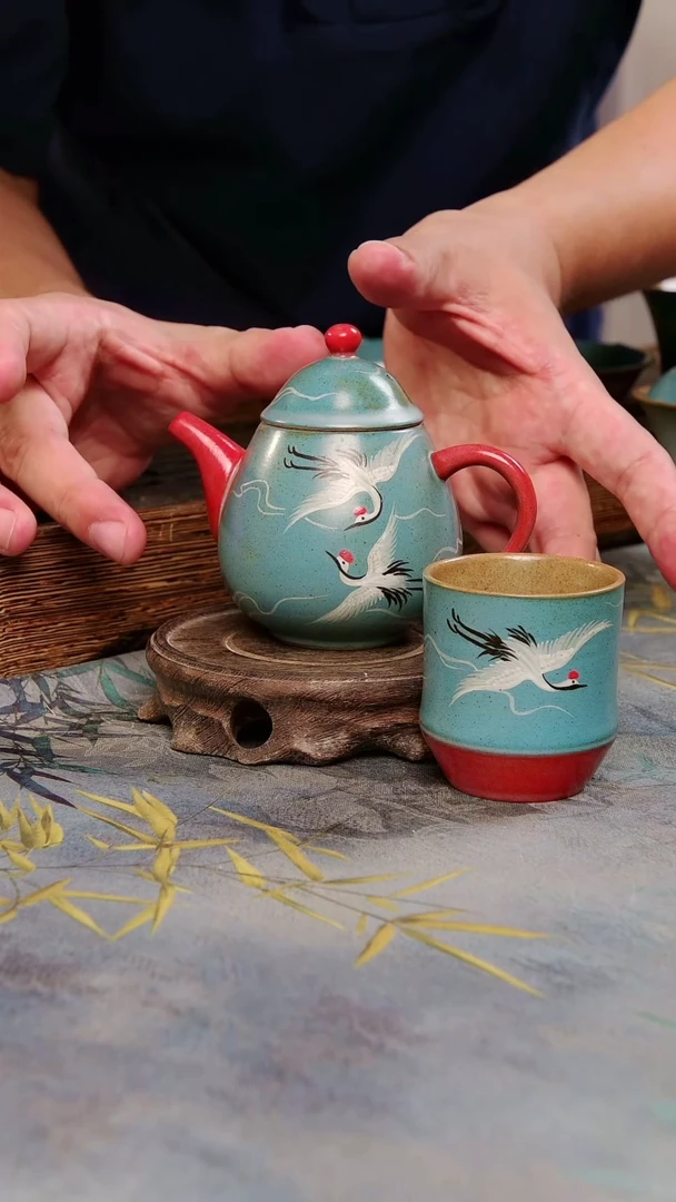 亘古茶具柴烧精品@仙鹤壶加杯