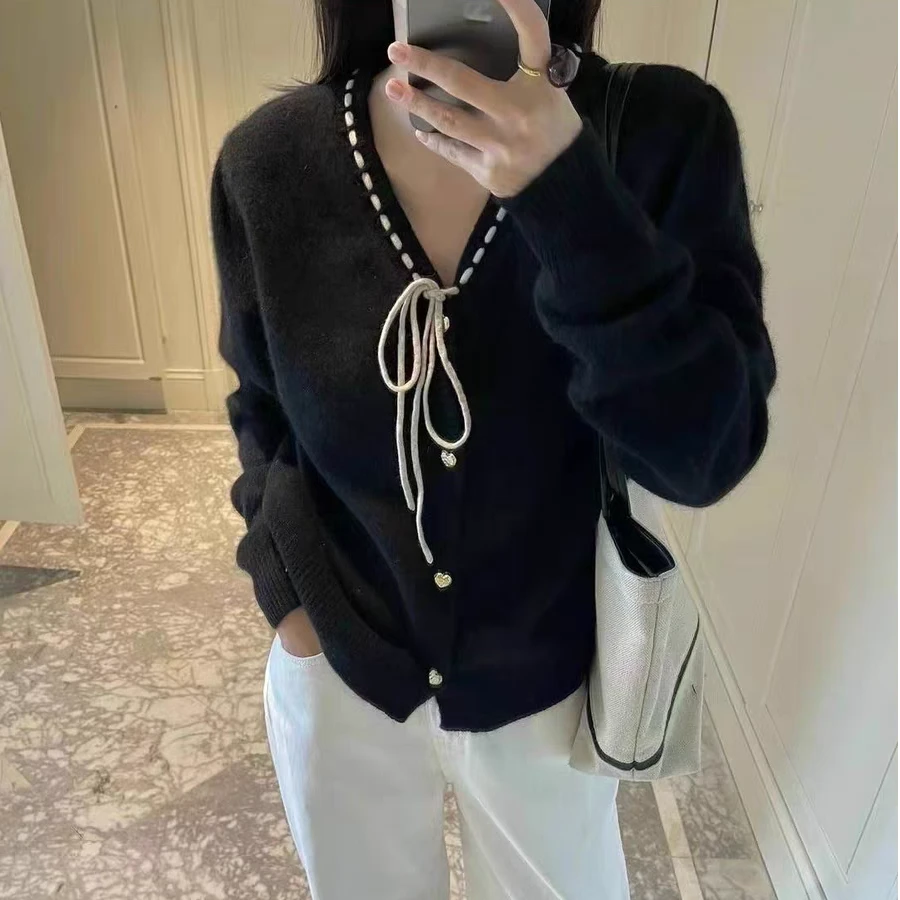 3160春秋新款韩版V领系带纯色针织开衫宽松毛衣外套