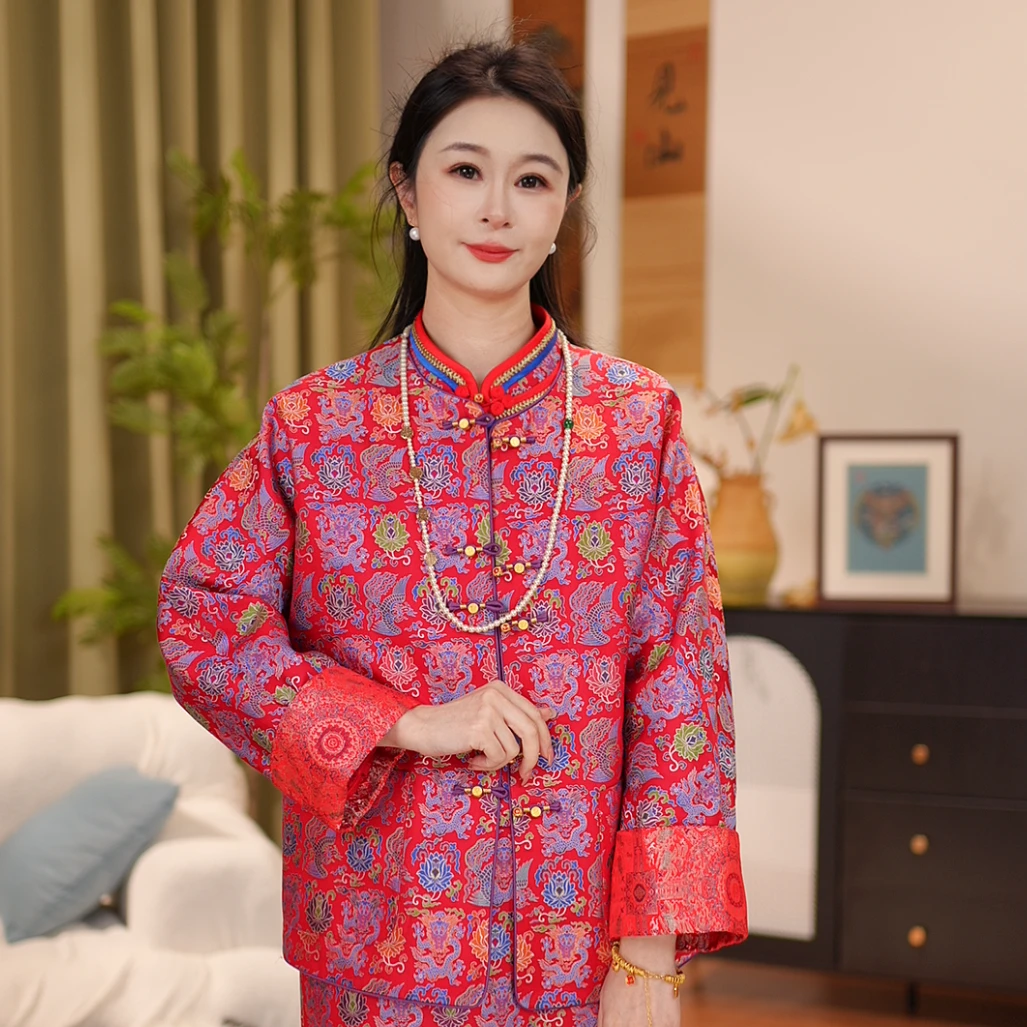 【贺贺·红·龙凤穿莲】新中式桑蚕丝宋锦红色冬天网红款外套J5204