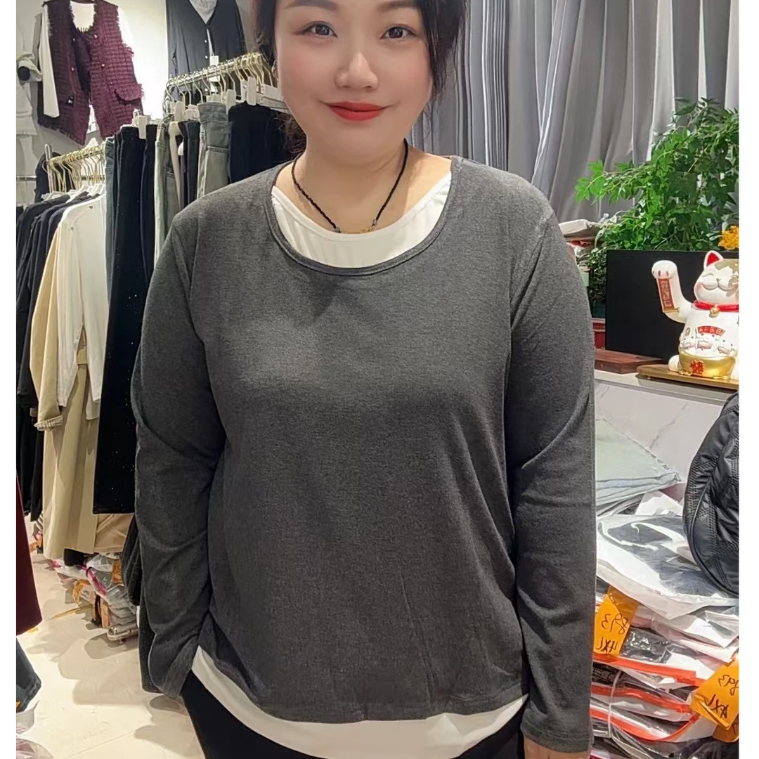 撞色假两件长袖T恤女圆领修身显瘦春季内搭打底衫5501