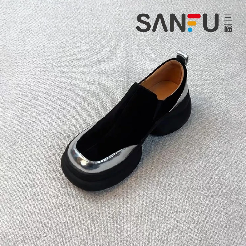 三福复古松糕底厚底增高乐福鞋女2025新款磨砂皮一脚蹬简约小皮鞋