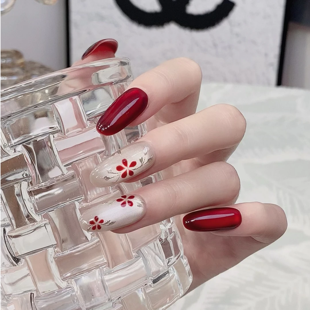 JDD【红墙花窗】设计师手绘高级感显白猫眼手工穿戴甲片美甲 中短款