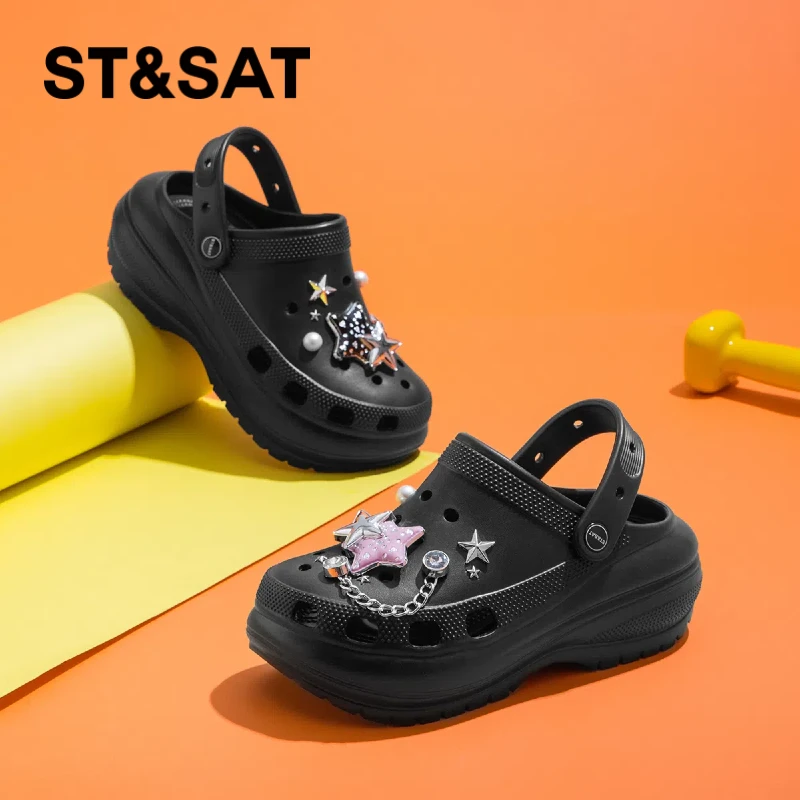 【高颜值】星期六黑色厚底洞洞鞋女夏外穿2025新款爆款包头凉拖鞋