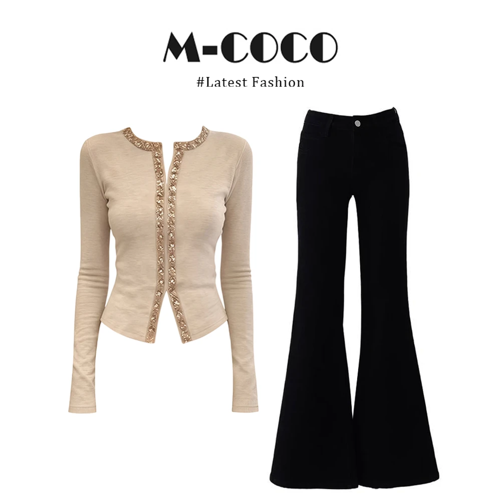 秋冬新款高级感重工镶钻针织开衫上衣显瘦微喇裤套装