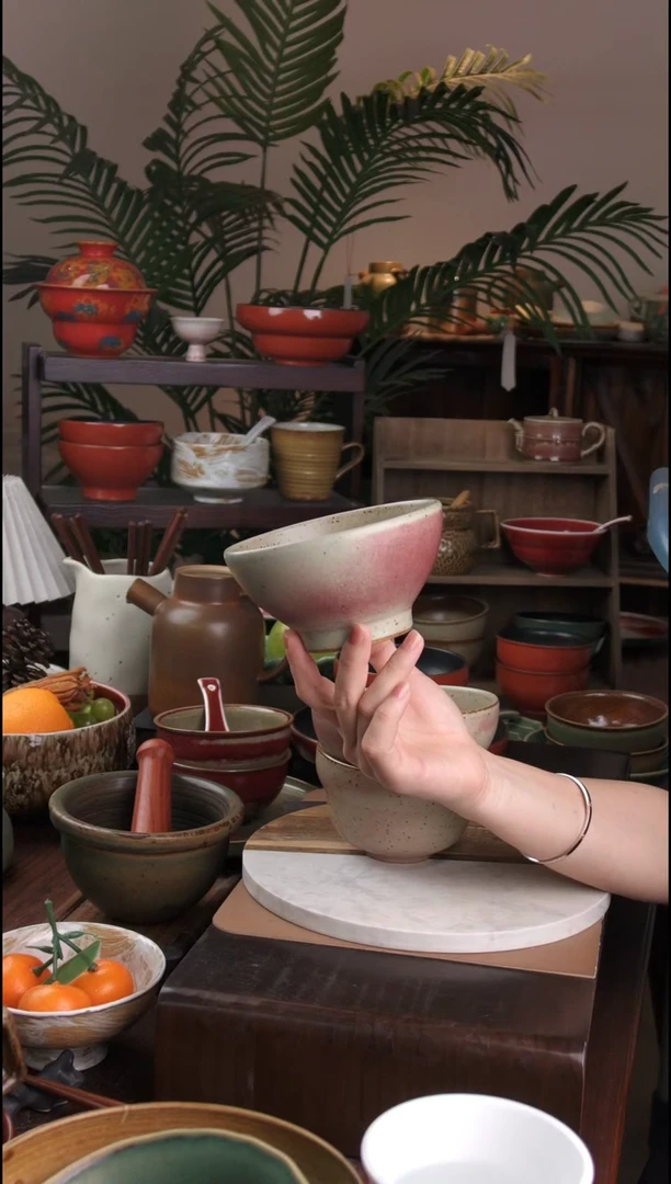 碗景德镇手工高温餐具桃红斗笠