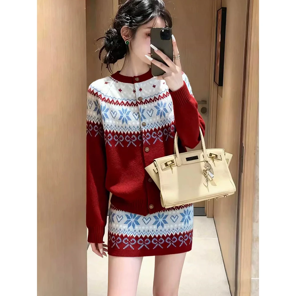圣诞风红色提花圆领毛衣两件套女式2025年秋季新款复古费尔岛穿搭