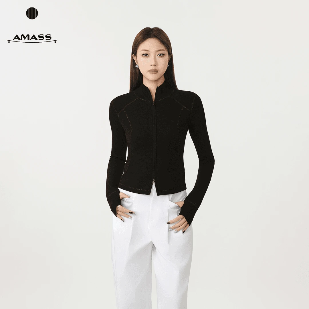 AMASS/阿玛施秋冬新款修身显瘦半高领休闲运动羊毛针织开衫548065