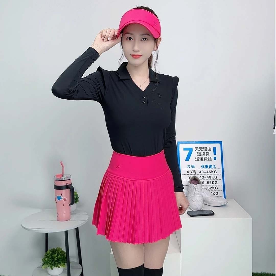 高尔夫服装户外打底女款春夏翻领透气速干运动球服高腰百褶裙夏季