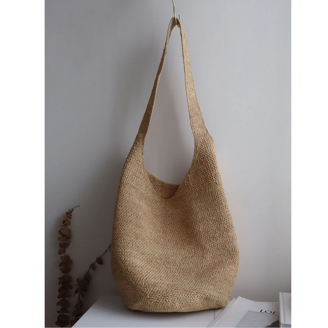 日系杂志手工拉菲草草编包单肩包INS女士度假韩国沙滩包大容量夏