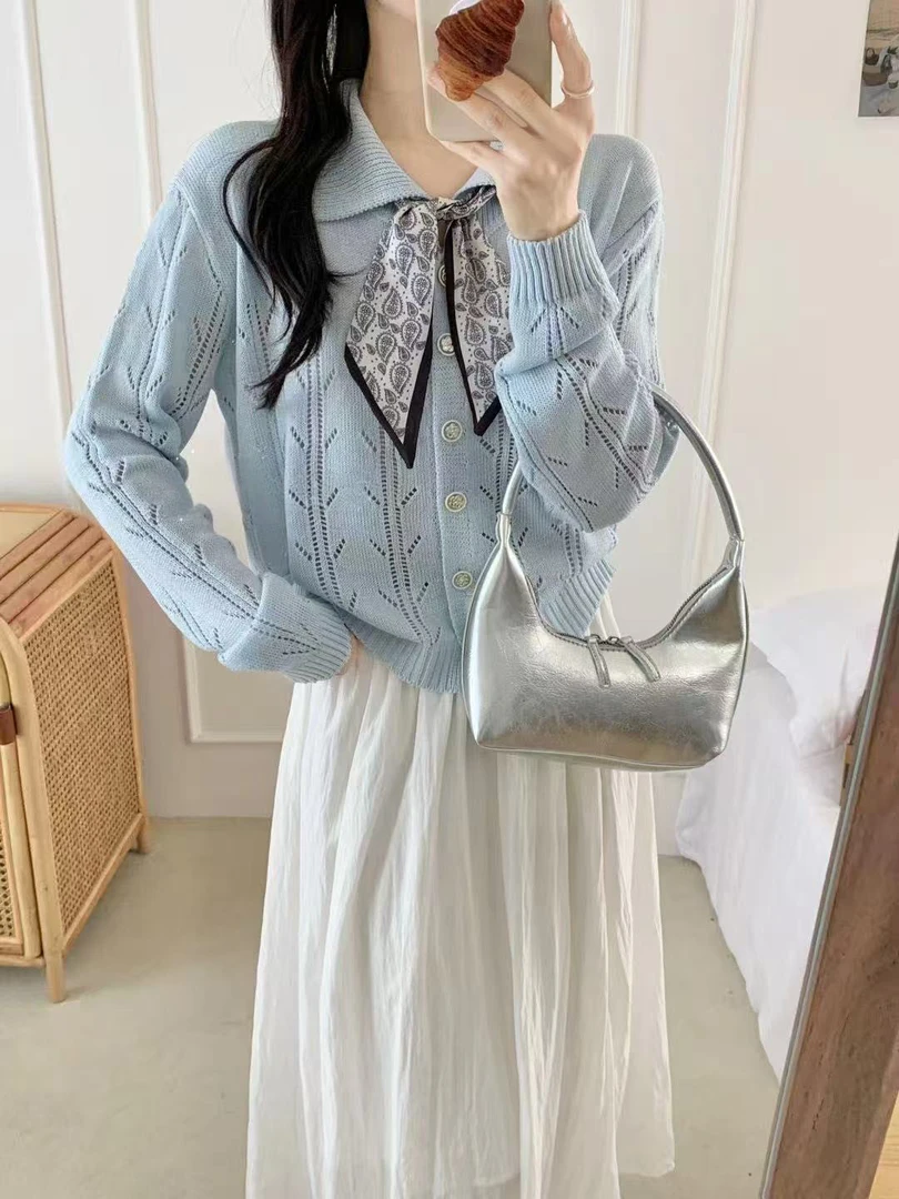 早秋新款短款翻领丝巾设计纯欲风镂空毛针织衫赫本风美式宽松开衫