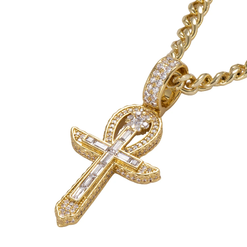铜锆石吊坠 欧美简约十字架吊坠男女满钻镶嵌金色时尚个性坠链