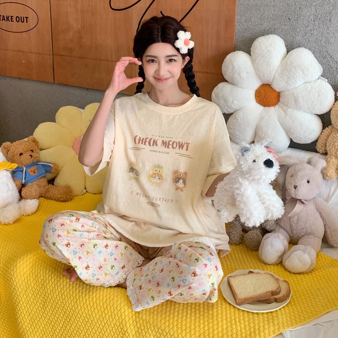 Miss juju春日秘境女士短袖长裤夏季宽松休闲舒适睡衣家居服套装