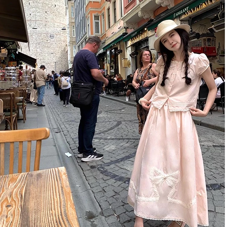 渔小平【可可西里小姐】纯棉气质千金洋气短袖衬衫长短半身裙套装夏