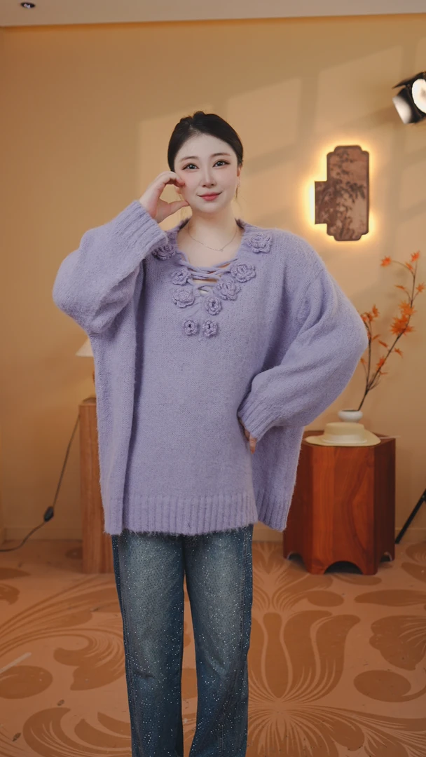 紫藤花（手工钩花串绳大毛衣女装针织）