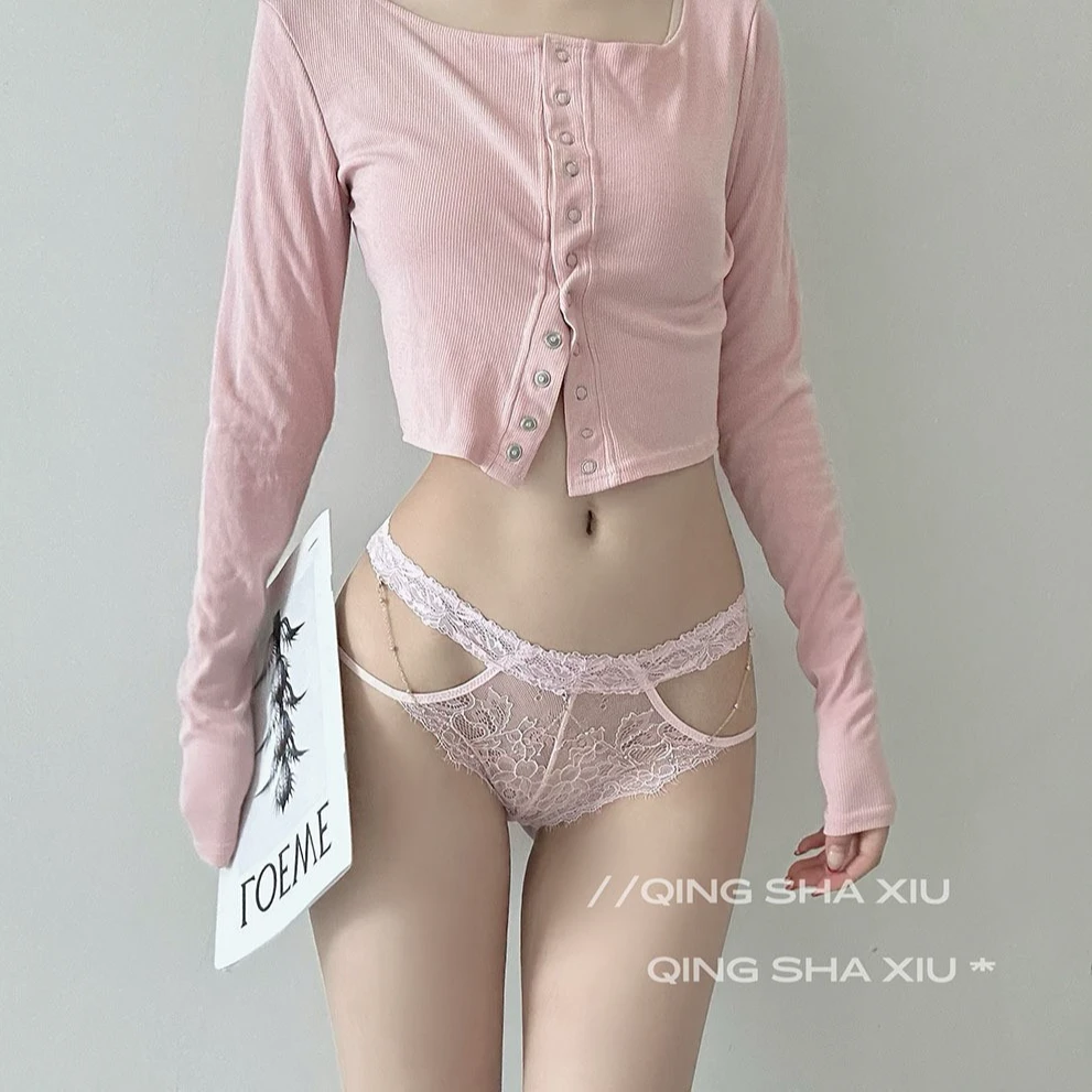 欧美法式蕾丝内裤女性感纯欲风火辣镂空薄款时尚三角裤链条搭配