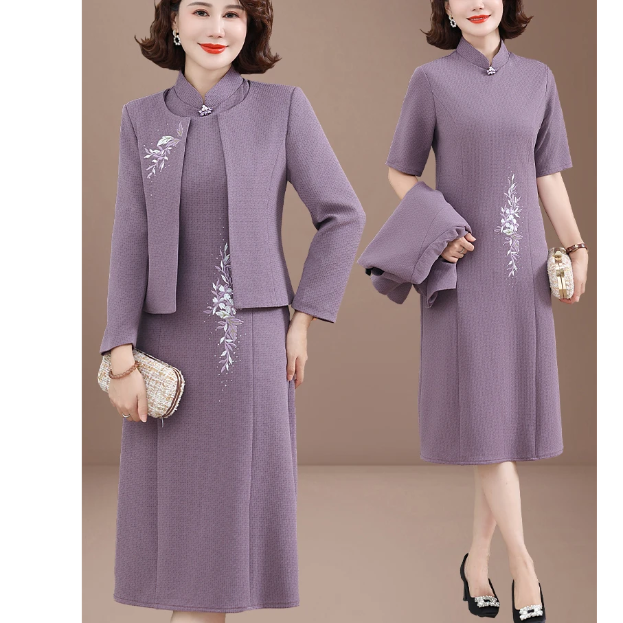 结婚妈妈装气质连衣裙女高贵两件套喜婆婆婚宴装春秋礼服旗袍裙子