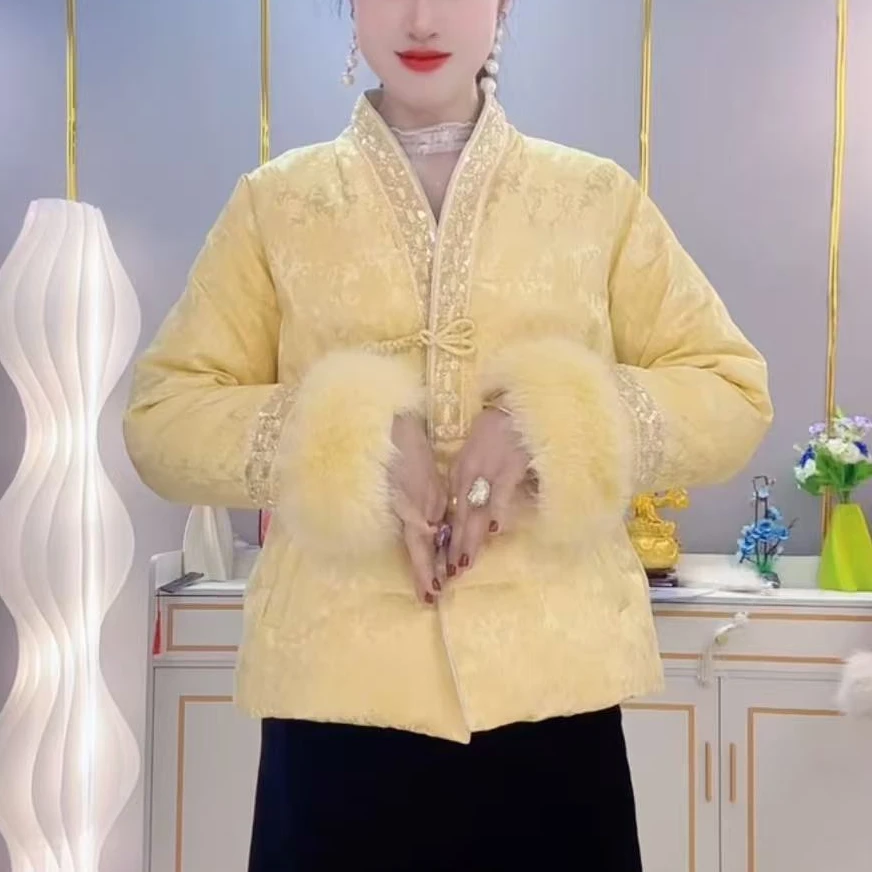 2025新中式V领亮片提花收腰显瘦保暖加厚棉衣女士冬季气质外套