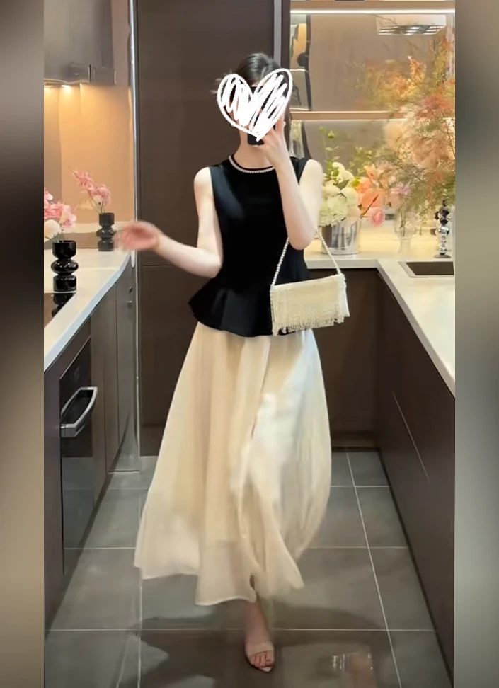 夏季新款黑色圆领无袖上衣+杏色百搭显瘦半身裙女小众设计高级感