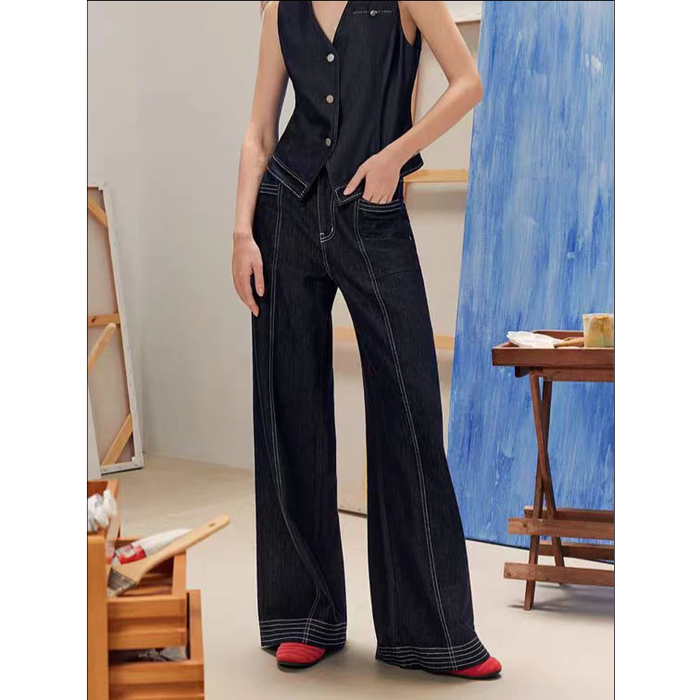 2025高腰显瘦气质大码显瘦百搭设计感撞色通勤防掉色阔腿裤