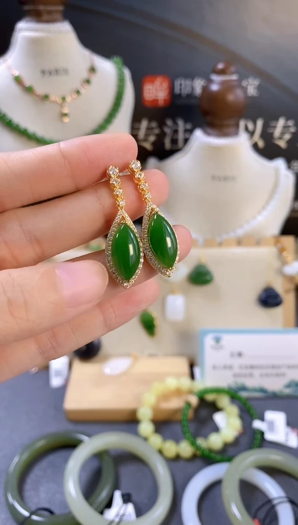 银S925镶嵌和田玉耳饰天然和田玉/支持复检/多样性发一cg