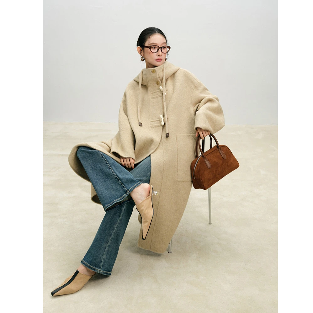 束皙SUSHE【曦影】绵羊毛骆驼绒连帽大衣女秋冬牛角扣双面呢外套