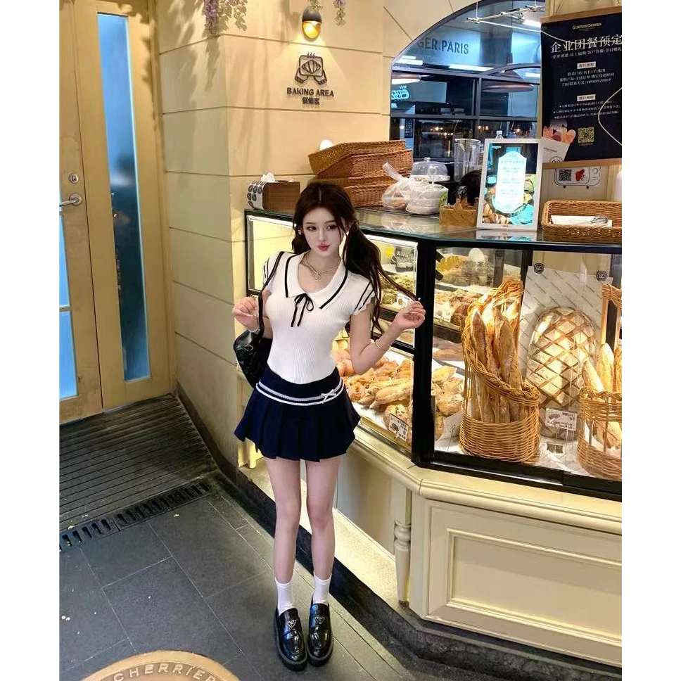 2025夏季韩系学院风小飞袖软糯针织显瘦上衣配拼接百褶短裙套装女