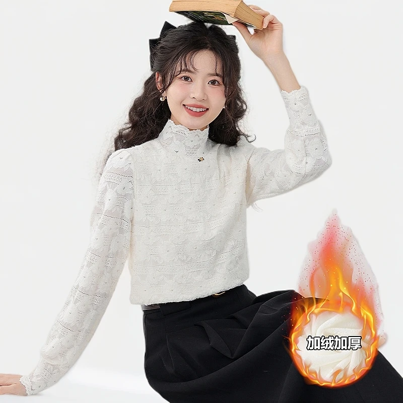 （小铃铛）TU22382法式半高领蕾丝衫女内搭加绒加厚长袖打底衫上衣