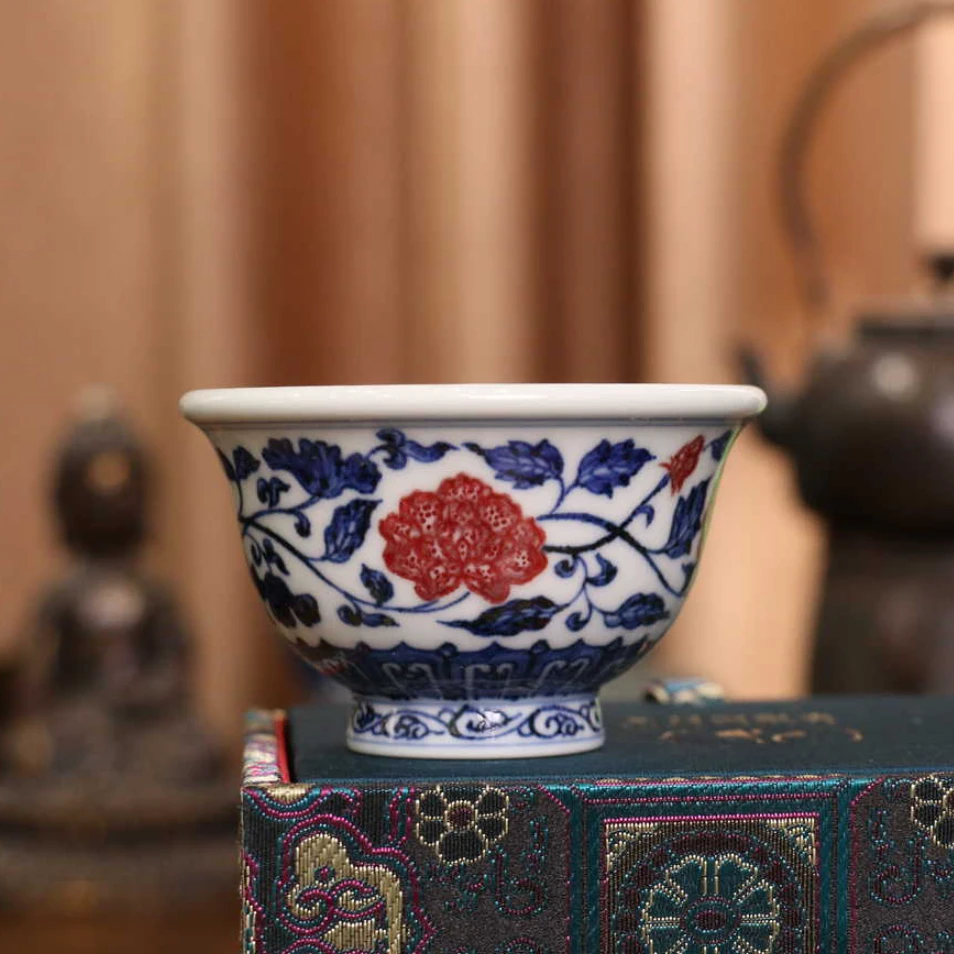 【逸古堂】四季花釉里红小压手杯