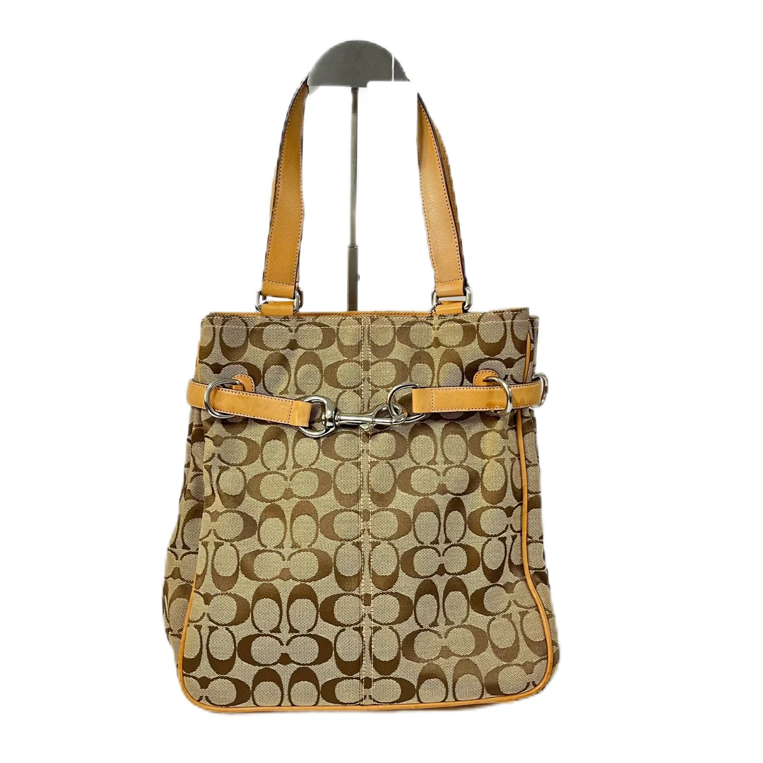 95新 COACH/蔻驰 经典老花帆布拼皮棕色肩包单肩手提包MM-81033