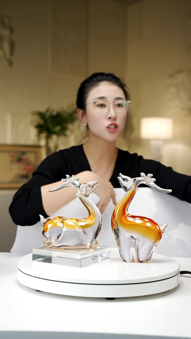 琉璃琥珀色梅花鹿摆件一对