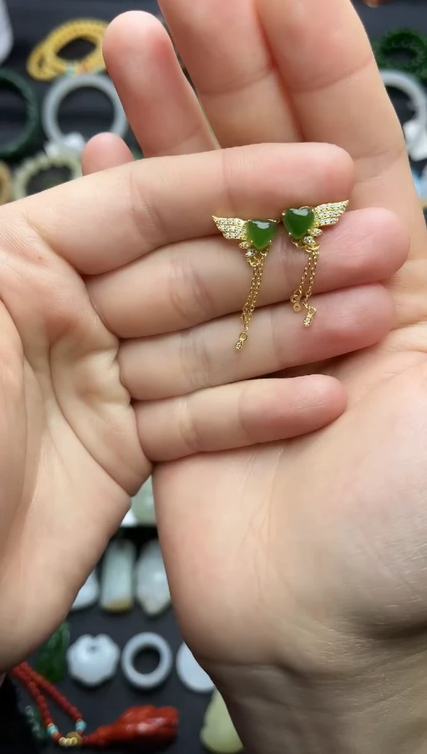 银S925镶嵌和田玉耳饰爱心耳坠06