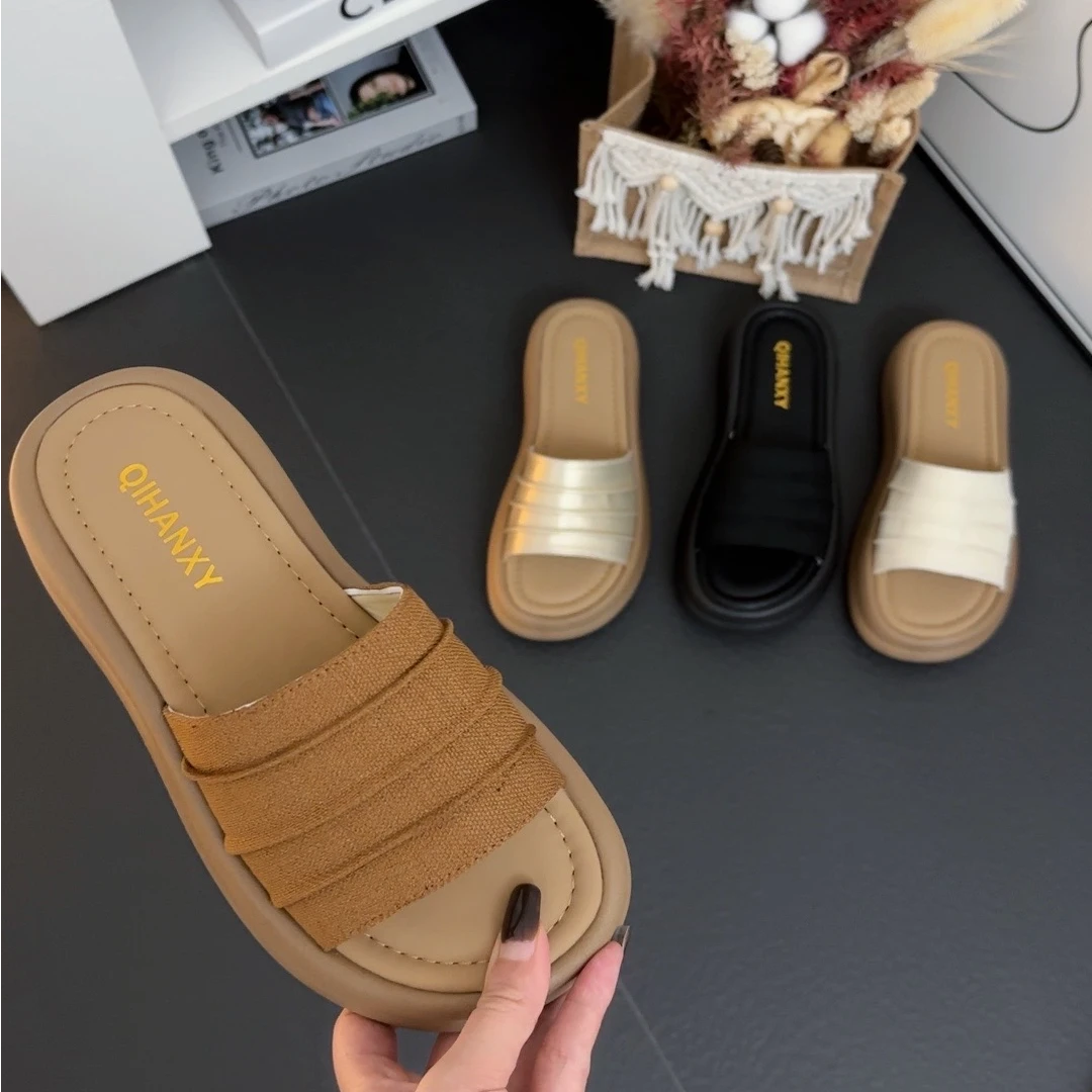 2025夏季新款麻料褶皱一字拖鞋简约休闲慵懒外穿厚底女拖鞋