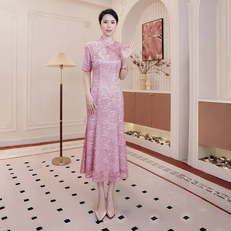 夏季短袖中式旗袍中长裙五分袖回门婚礼服小个子喜婆婆妈妈婚宴装