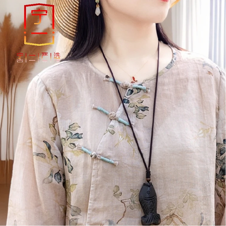 【宁一女装】时尚洋气显瘦苎麻设计感盘扣短款中国风上衣女文艺复古