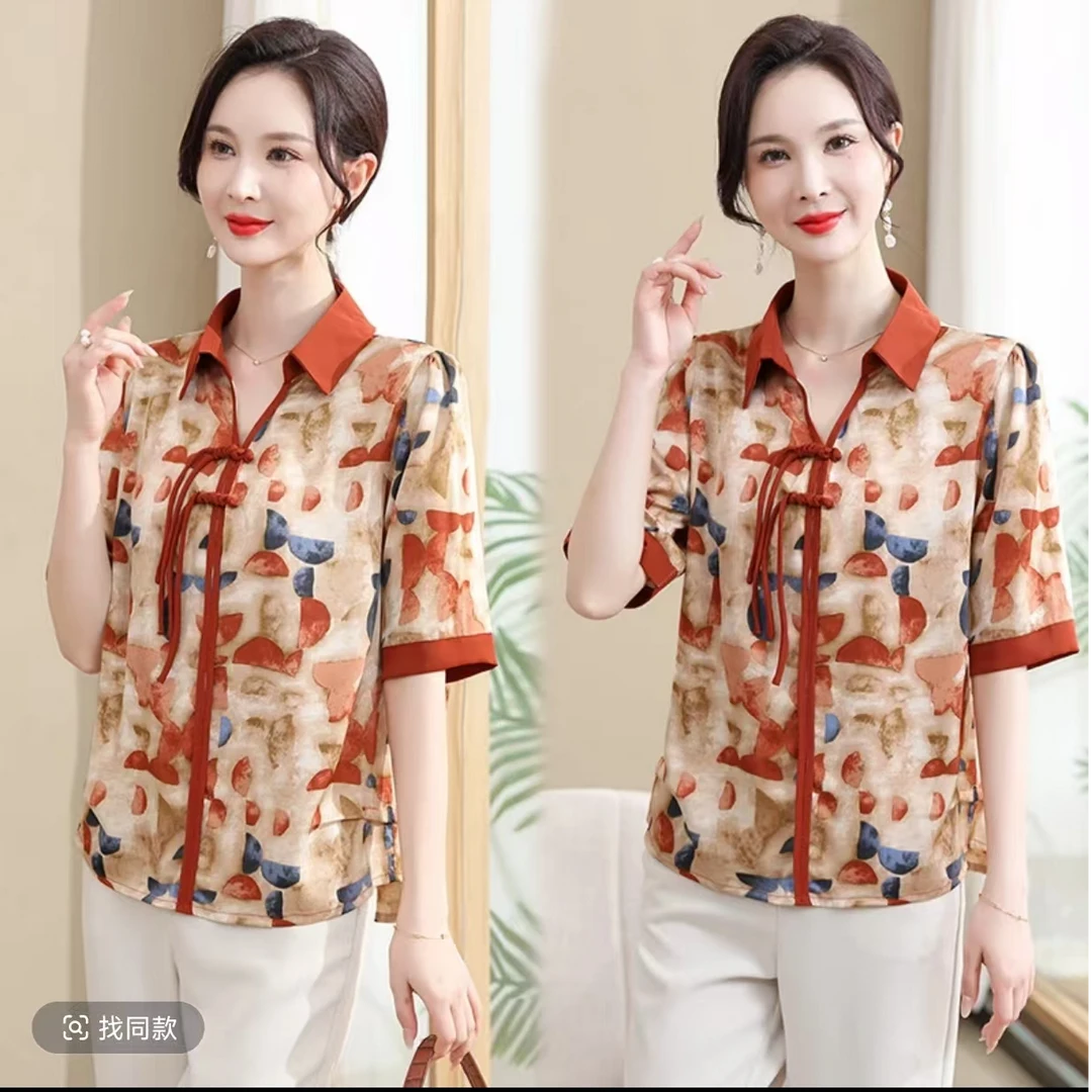 384-显瘦洋气休闲中年宽松中式中国风印花夏季气质