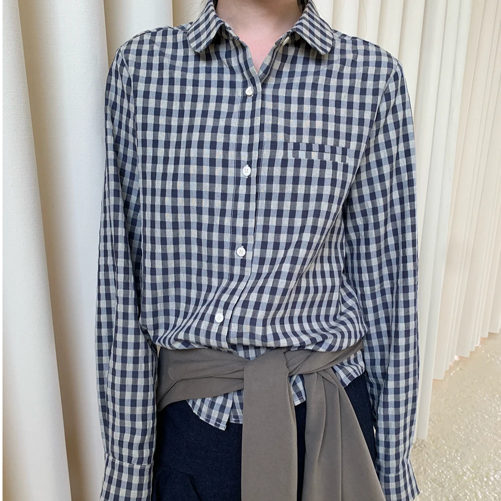 高端货~藏青色格纹小圆领衬衫春夏娃娃领上衣减龄洋气格子衬衣