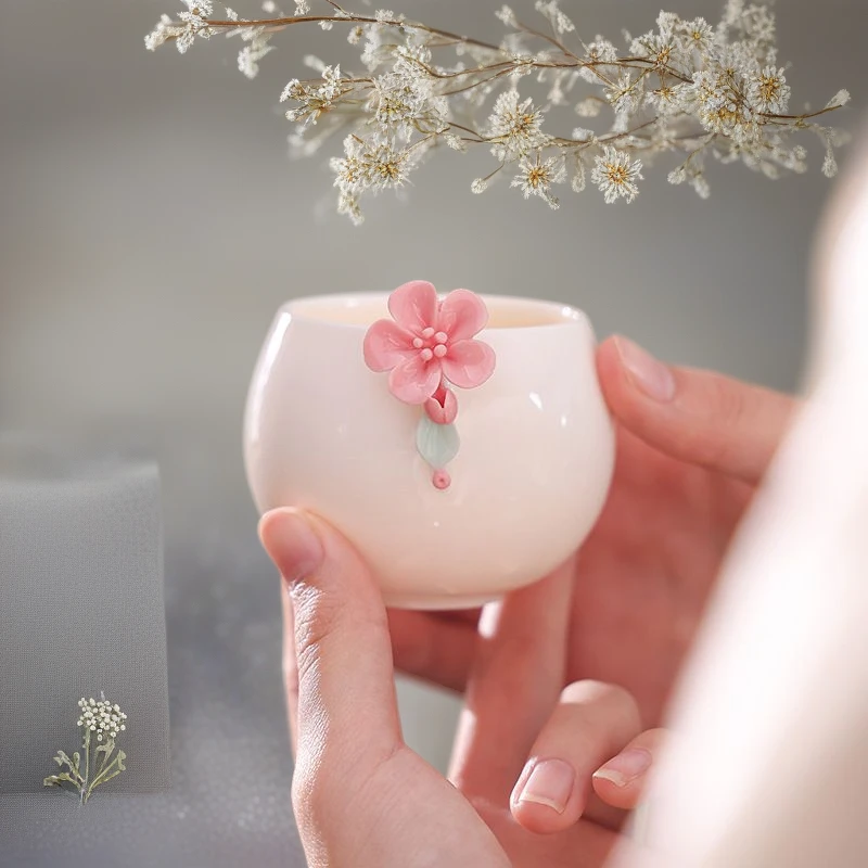 手工捏花陶瓷主人杯单杯品茗杯粉色茶杯精致设计少女心白瓷