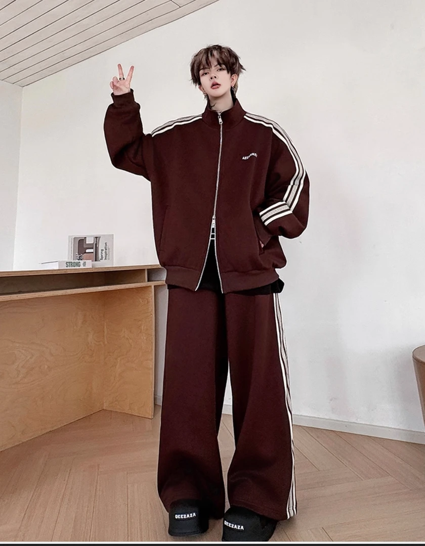 秋季美式双拉链立领开衫卫衣套装男运动一套搭配阔腿长裤两件套潮