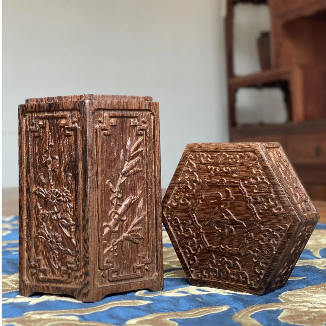 连天红  茶叶罐 六角罐 收纳罐子 鸡翅木 115x100x160(mm)